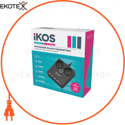 Сетевой фильтр IKOS F25S-CU 1.5м/16A/USB/Type-C/выкл./PC чорн.