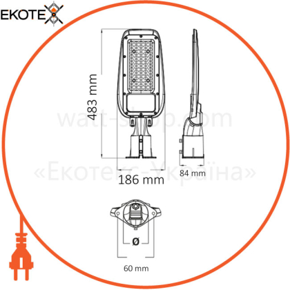 Светильник консольный поворот. SMD LED 100W 6400K 11700Lm 100-265V IP65 483x186мм. d-60/10