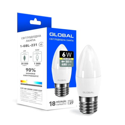 Світлодіодна лампа Global C37 CL-F 6W тепле світло E27, Global, 1-GBL-231