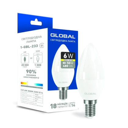 Світлодіодна лампа Global C37 CL-F 6W тепле світло E14, Global, 1-GBL-233