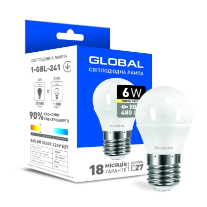 Світлодіодна лампа Global G45 F 6W тепле світло E27, Global, 1-GBL-241