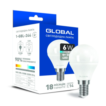 Світлодіодна лампа Global G45 F 6W яскраве світло E14, Global, 1-GBL-244