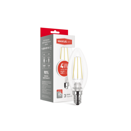 Лампа світлодіодна філаментна MAXUS C37 4W тепле світло E14 (1-LED-537-01), Maxus, 1-LED-537-01