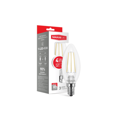 Лампа світлодіодна філаментна MAXUS C37 4W яскраве світло E14 (1-LED-538-01), Maxus, 1-LED-538-01