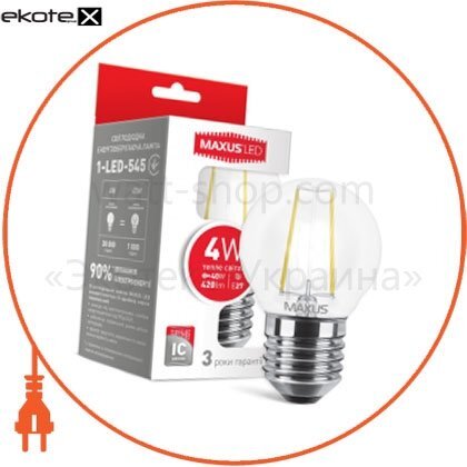 Maxus 1-LED-545 led лампа maxus (filam), g45, 4w, теплый свет, e27 (1-led-545)