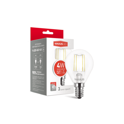 Лампа світлодіодна філаментна MAXUS G45 4W тепле світло E14 (1-LED-547-01), Maxus, 1-LED-547-01