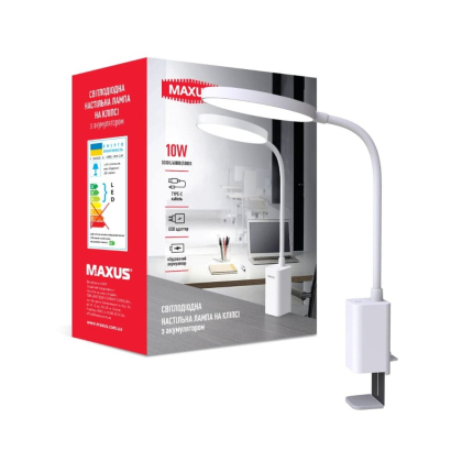 Світлодіодна настільна лампа на кліпсі з акумулятором MAXUS Desk Lamp 10W 3CCT WH CLIP Battery, Maxus, 1-MDL-10W-CLIP