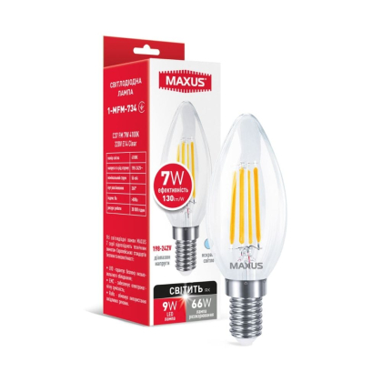 Лампа світлодіодна C37 FM 7W 4100K 220V E14 Clear, Maxus, 1-MFM-734