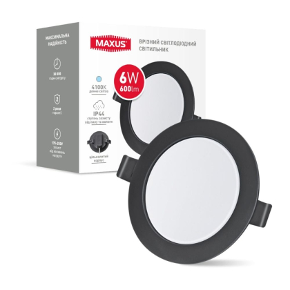 Врізний світлодіодний світильник 1-RDL-0641-IP-BL MAXUS RDL 6W 4100K IP44 Black, Maxus, 1-RDL-0641-IP-BL