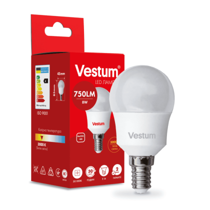 Світлодіодна лампа Vestum G45 8W 3000K 220V E14 1-VS-1212, Vestum, 1-VS-1212