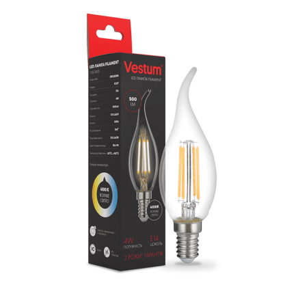 Світлодіодна філаментна лампа Vestum С35Т Е14 4Вт 220V 4100К  1-VS-2405, Vestum, 1-VS-2405