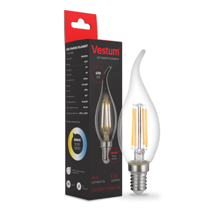 Світлодіодна філаментна лампа Vestum С35Т Е14 4Вт 220V 3000К 1-VS-2406, Vestum, 1-VS-2406