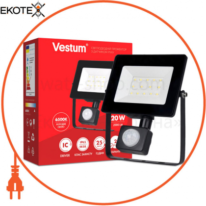 Світлодіодний прожектор з датчиком руху Vestum 20W 2 000Лм 6500K 175-250V IP65 1-VS-3010