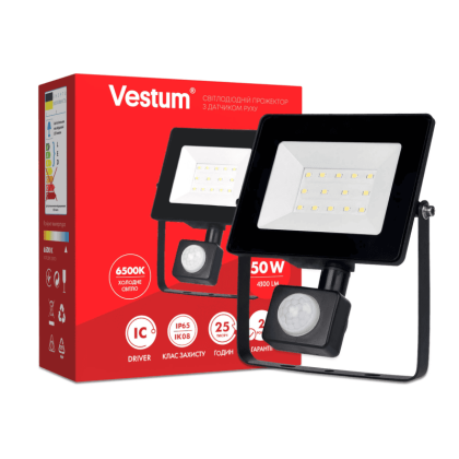 Прожектор LED Vestum з датчиком руху 50W 4 300Лм 6500K 175-250V IP65, Vestum, 1-VS-3012