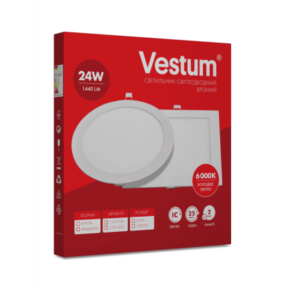 Круглий світлодіодний врізний світильник Vestum 24W 6000K 220V 1-VS-5106, Vestum, 1-VS-5106