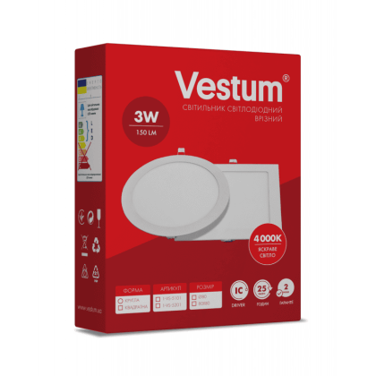 Квадратний світлодіодний врізний світильник Vestum 3W 4000K 220V 1-VS-5201, Vestum, 1-VS-5201