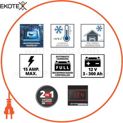 Пуско-зарядний пристрій, мікропроц. контроль, 12, 3-300 А/год, макс. 15 А Einhell CE-BC 15 M (1002265)