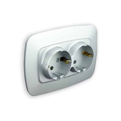 Розетка подвійна з заземленням срібло ELA, Horoz Electric, 112-007-0008-020