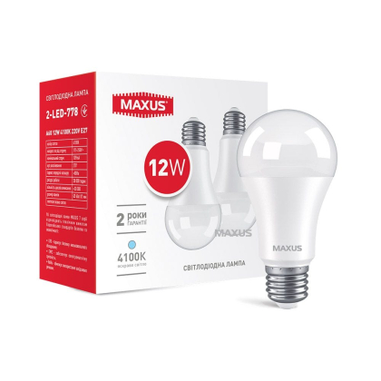 Лампа світлодіодна A60 12W 4100K 220V E27 (2шт), Maxus, 2-LED-778
