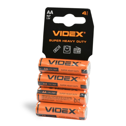 Батарейка сольова Videx R6P/AA 4шт SHRINK CARD, Videx, 21157