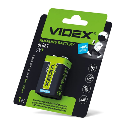 Батарейка лужна Videx 6LR61/9V (Крона) 1шт BLISTER, Videx, 23235