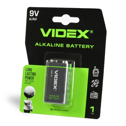 Батарейка лужна Videx 6LR61/9V (Крона) 1шт BLISTER, Videx, 23235