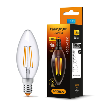 LED лампа VIDEX Filament C37F 4W E14 3000K, Videx, 23679