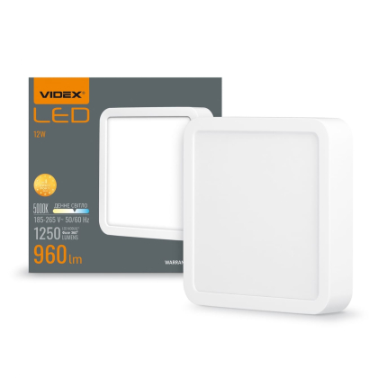 LED Світильник накладний квадрат VIDEX 12W 5000K White, Videx, 24151
