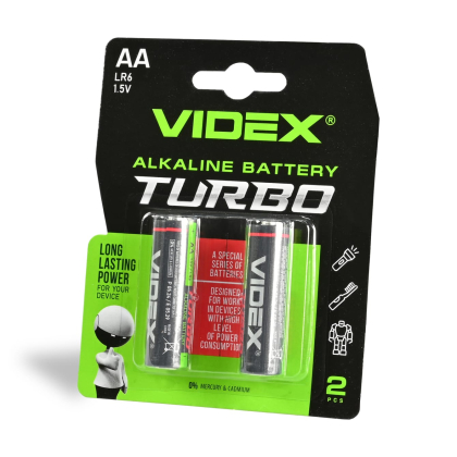 Батарейка лужна Videx LR6/AA Turbo 2шт BLISTER, Videx, 24238