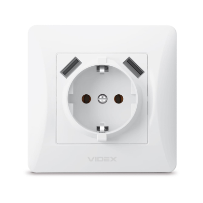 Розетка одинарна із заземленням та 2USB біла VIDEX BINERA, Videx, 24435