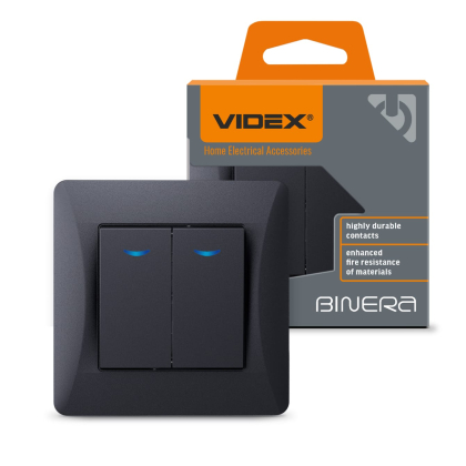 Вимикач двоклавішний з підсвіткою чорний графіт VIDEX BINERA, Videx, 24460
