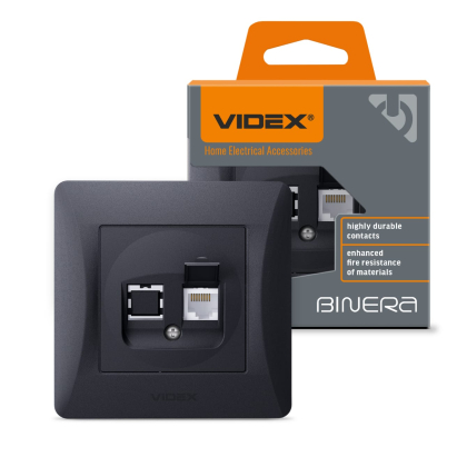 Розетка CAT6 одинарна комп'ютерна чорний графіт VIDEX BINERA, Videx, 24468
