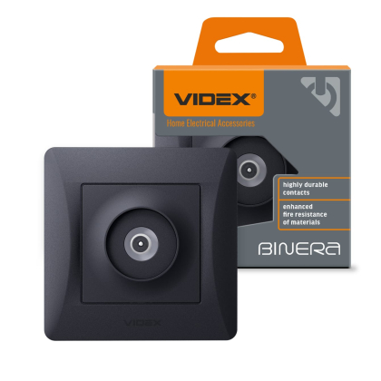 Розетка TV одинарна телевізійна чорний графіт VIDEX BINERA, Videx, 24470