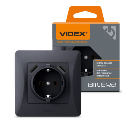 Розетка одинарна із заземленням та 2USB чорний графіт VIDEX BINERA, Videx, 24473