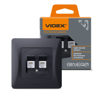 Розетка CAT6+CAT3 подвійна чорний графіт VIDEX BINERA, Videx, 24574