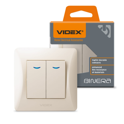 Вимикач двоклавішний з підсвіткою кремовий VIDEX BINERA, Videx, 24684