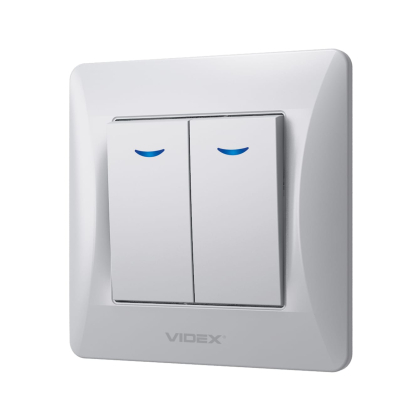 Вимикач двоклавішний з підсвіткою срібний шовк VIDEX BINERA, Videx, 24895