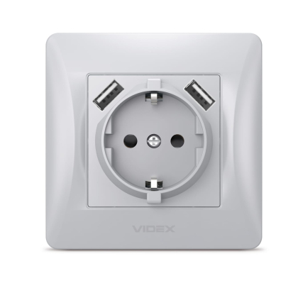 Розетка одинарна із заземленням та 2USB срібний шовк VIDEX BINERA, Videx, 24899
