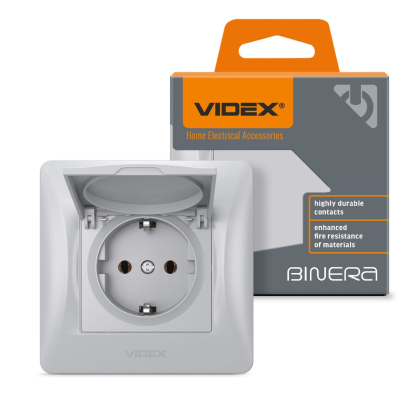 Розетка одинарна із заземленням та кришкою срібний шовк VIDEX BINERA, Videx, 24900