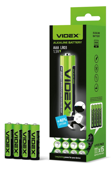 Батарейка лужна Videx LR03/AAA 4шт SHRINK, Videx, 25467