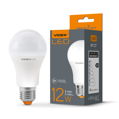 "Сенсор" LED лампа VIDEX A60e 12W E27 4100K з датчиком руху та освітленості, Videx, 25470