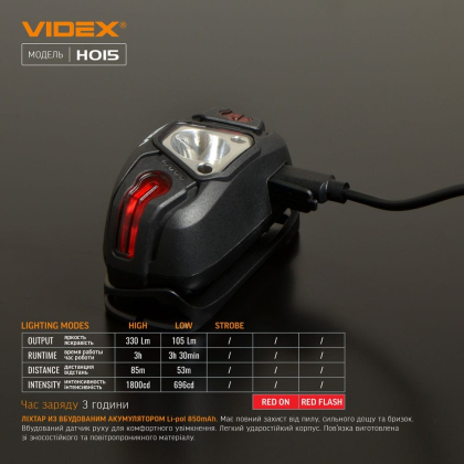 Налобний світлодіодний ліхтарик VIDEX VLF-H015 330Lm 5000K, Videx, 26563