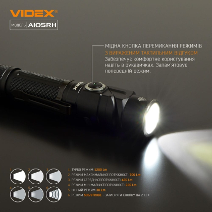 Портативний світлодіодний ліхтарик VIDEX VLF-A105RH 1200Lm 5000K, Videx, 26565