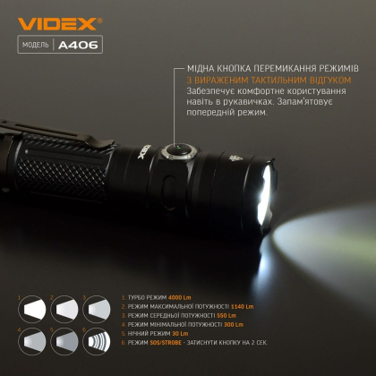 Портативний світлодіодний ліхтарик VIDEX VLF-A406 4000Lm 6500K, Videx, 26566