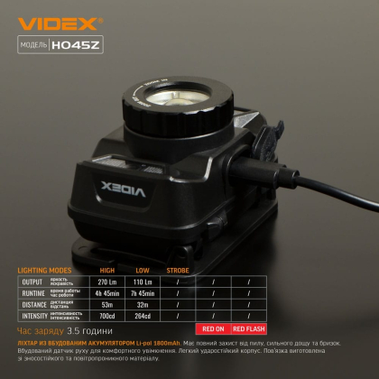 Налобний світлодіодний ліхтарик VIDEX VLF-H045Z 270Lm 5000K, Videx, 26570