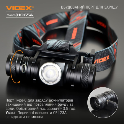 Налобний світлодіодний ліхтарик VIDEX VLF-H065A 1200Lm 5000K, Videx, 27213
