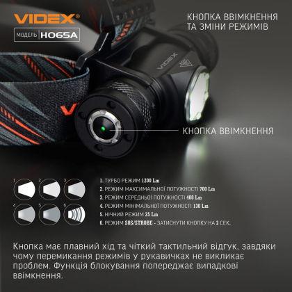 Налобний світлодіодний ліхтарик VIDEX VLF-H065A 1200Lm 5000K, Videx, 27213