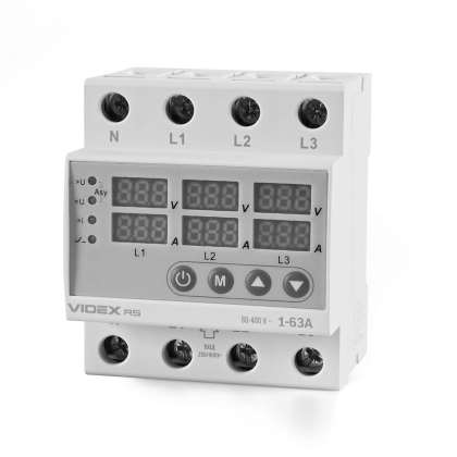 Трифазне реле контролю напруги та струму VIDEX RESIST 145-300В 1-63А, Videx, 27484