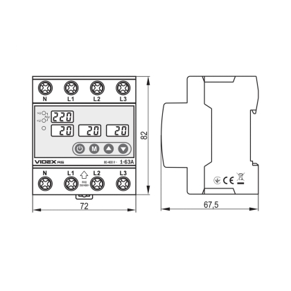 Трифазне реле контролю напруги та струму VIDEX RESIST 145-300В 1-63А, Videx, 27484