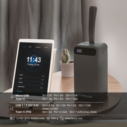 Повербанк 50000mAh TITANUM 741S 22.5W Black, Titanum, 27531